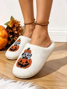 Halloween Pumpkin Dog Embroidered Plush Couple Slippers, Women's Men's EVA Non-Slip Thick Sole Indoor Outdoor Warm Home Slippers - White - View 3