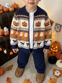 Boys Cute Colorblock Ghost Pumpkin Head Pattern Stand Collar Long Sleeve Knit Cardigan Suitable For Halloween Spring Autumn Winter - Navy Blue - View 1