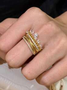 1pc Multi-Layer Fashion Gold Plated Ring Set With Zirconia Crystal Tassel, Adjustable Open Ring, Jewelry For Wedding, Party - Multicolor - View 6