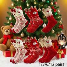 1/3/6/12 Pairs Of Women's Red Mid-Calf Socks Featuring Santa Claus, Snowman, And Reindeer Designs-Perfect For Christmas Outfits. - Multicolor - View 1
