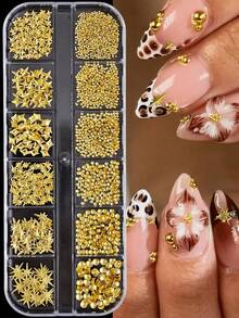 12-Grid Mixed 3D Metal Caviar Beads Nail Art Decoration Set (Stars & Metal Rivets), Cool Punk Y2K Style Rhinestone Nail Art Decor, Suitable For DIY Nail Art & Handmade Decoration - Gold - View 9