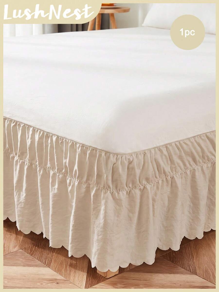 1pc Solid Beige Bed Skirt With Asymmetrical Cut Ruffle Hem, Minimalist Daily Fresh Natural Cute Classic Style, Polyester Fiber Comfortable Breathable All-Season, Suitable For Bedroom Scene, Home Decor, Cozy Bedding