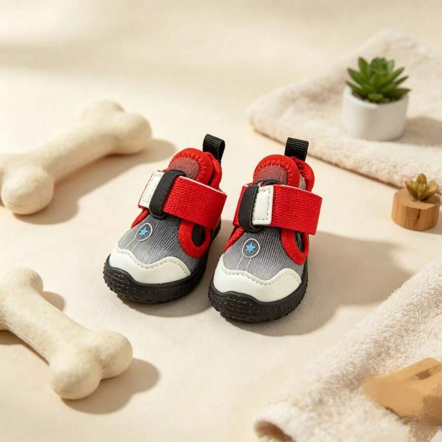 Star Print Breathable Mesh Fabric Wide Hook And Loop Dog Shoes For Small And Medium Dogs Outdoor Walking - Red - View 1