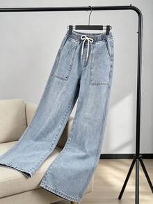 Pantalones vaqueros de corte amplio con cinturón elástico y cordón, bolsillos de trabajo amplios, tela suave lavada para disimular las piernas y favorecer la silueta casual diaria - azul claro - Ver 4