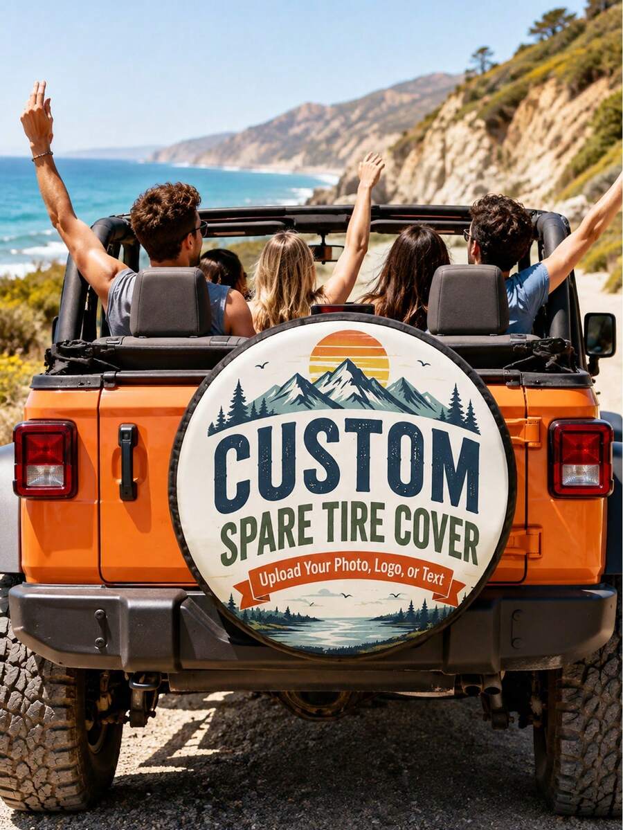 1pc Customized Photo Text Logo Car Spare Tire Cover, Personalized Photo Name Pattern Spare Tire Cover, Supports Custom Image Text Logo Round Car Wheel Cover, Polyester Fiber Elastic Binding Drawstring Design, Multiple Sizes Available, Suitable For SUV, Off-Road Vehicle, RV, Camper, Trailer, Truck Rear Spare Tire, Outdoor Camping, Road Trip, Car Exterior Personalized Decoration, Suitable For Car Owners And Travel Enthusiasts Customized Car Accessories Gift - Multicolor - View 1