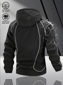 Street Sports Casual Commuter Versatile Men's Hooded Jacket With Linear Design, Unique Curved Color-Block Piping, Adjustable Drawstring Hood, Smooth Zipper Closure, Elastic Cuffs And Hem - Black - View 2