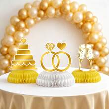 3 Pieces Of Wedding And Engagement Honeycomb Ornaments, Golden Ring Cake Champagne Design Table Decoration, Center Table Decoration Items For The Bride's Party - View 4