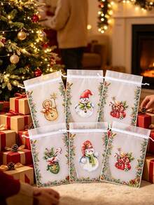 50/20/10/1pc Christmas Organza Gift Bags, Random Mix Style Drawstring Treat Pouches, Festive Holiday Favor Wrapping Bags, Sheer Mesh Goody Candy Pouches Ribbon Closure, For Christmas Party, Wedding Favors, Jewelry, Craft Storage - One Size Fits All - View 7