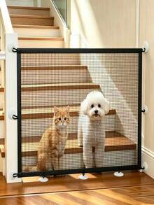 Retractable Breathable Mesh Pet Isolation Gate, No Drilling Installation, With Anti-Drill Suction Cup Hooks For Easier Setup, Convenient Pet Zoning, Suitable For Stairs, Balcony, Kitchen, Bedroom - Black - View 9