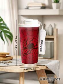 1pc/5pcs 500ml Halloween Red Spider Web Stainless Steel Insulated Coffee Mug, Spider And Spider Web Halloween Pattern Print Design, Autumn/Winter Couple Water Cup With Lanyard Portable Coffee Mug, Suitable For Daily Commute - Red-spider - View 10