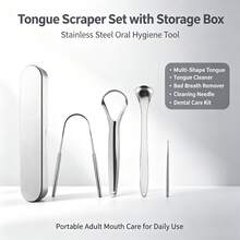Tongue Scraper Set With Storage Box, Stainless Steel Multi‑Shape Tongue Cleaners, Fight Bad Breath, Multi‑Functional Cleaning Needle Included, Reusable Portable Dental Care Kit For Adults Household & Travel - Silver - View 7