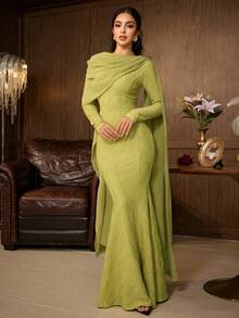 Elegant Women's Long Sleeve Round Neck Mermaid Dress, Asymmetric Ruffle Hem, Green Woven Fabric, Showcasing Charming Style - Olive Green - View 5