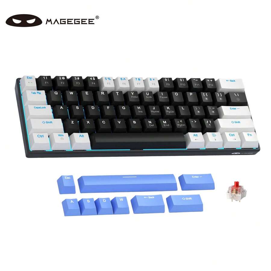 MageGee Star61 Mini 60% RGB Gaming Mechanical Keyboard 61 Keys Wired USB-C Multi-Device Gaming Keyboard Customizable Keycaps Suitable For Laptop PC Computer Gamers [White Black & Blue: Red Switch]