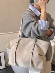 Large Capacity Tote Bag, Retro Style Faux Leather Handbag With Front Pocket For Work & Travel - Beige - View 10