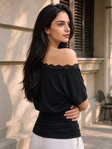 Women Fall Lace Trim One‑Shoulder Short Sleeve Top, Ruched Waist Batwing Sleeve Casual Blouse - Black - View 3