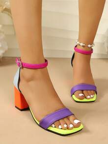 Elegant Women's Open Toe Square Toe High Heel Sandals, Contrast Color Comfortable Chunky Heel Shoes, Suitable For Summer Parties And Vacations - Multicolor - View 4
