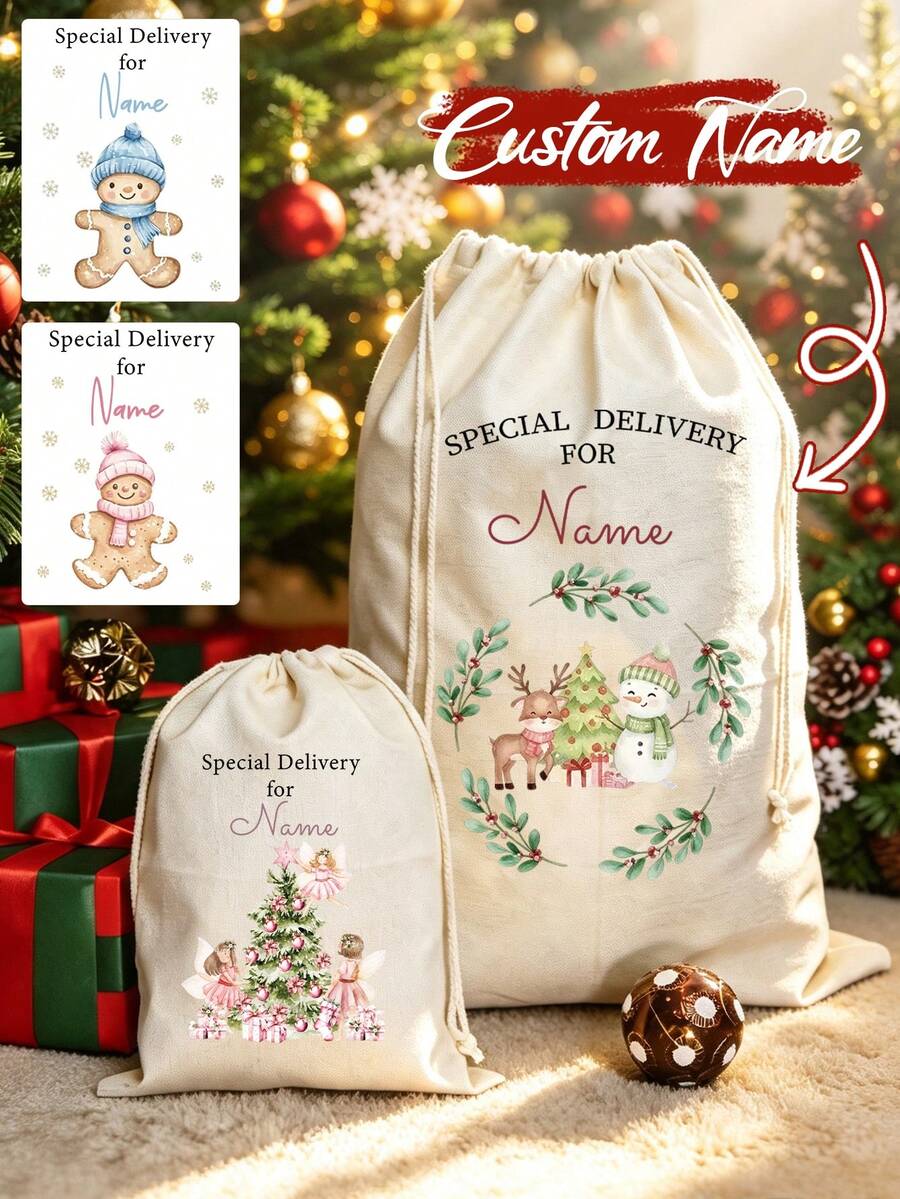 Custom Festive Christmas Drawstring Storage Bag, Personalized, Customized Holiday Organizer, Customizable Name Pouch For Xmas Decor, Secret Santa Gift - Multicolor - View 1