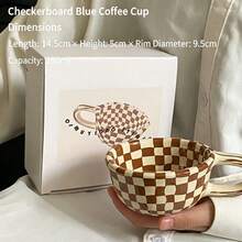 Aesthetic Hand-Painted Ceramic Bowl And Cup Set, Vintage Checkerboard Stripe Design, Breakfast Oatmeal Salad Bowl Coffee Cup, Kitchen Tableware, Housewarming Gift - Multicolor - View 8