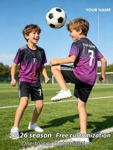 [Customized]Personalized Name Customization Celebrity Style #7 Number 2pcs Boys Girls Casual Soccer Jersey Set -Round Neck-Short Sleeve And Shorts Set- Polyester, Back To School Season Suitable For -Sports -Training And Casual Wear, Outdoor Perfect Choice - Purple - View 6