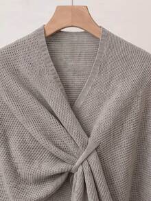 Women's Comfortable Knit Cardigan, Loose Fit, V-Neck, Asymmetrical Hem With Fashionable Knot Detail, Suitable For Autumn - Khaki - View 6