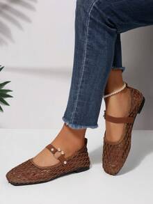 Bohemian Buckle Premium Fishnet Hollow Woven Closed-Toe Sandals - Brown - View 4