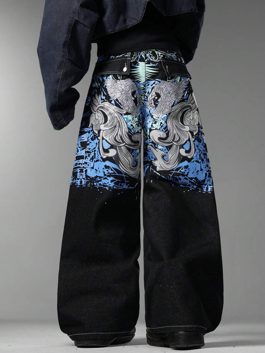 Men's American Street Jeans, Embossed Printed Fake Back Pockets, Niche Design, Versatile All-Season Long Pants (No Belt & Accessories Included) - Black - View 1