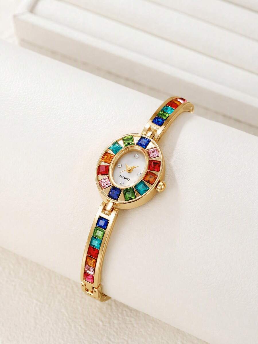 Reloj de mujer ovalado con strass de colores, brazalete de tono dorado con gemas arcoíris, reloj de cuarzo, regalo de cumpleaños, Navidad, Día de San Valentín, aniversario para ella - Dorado - Ver 1