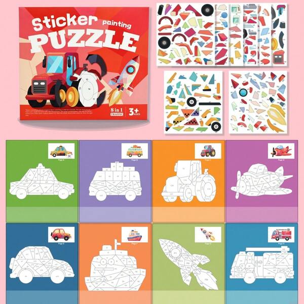 Children's 3D Geometric Collage Stickers, DIY Handmade Sticker Set, Architecture, Ocean, Animals, Transportation, Space, Dinosaurs, Characters, Fruits Cognitive Pattern Fun Game, Fine Motor Skills & Concentration Training, Collage Art Decoration, Quiet Sticker Toy Suitable For Boys And Girls Aged 3+