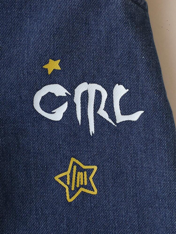 (單件裝) 嬰兒女童卡通臉刺繡牛仔吊帶褲，可愛塗鴉拼接寬腿連身褲 - 藍色 - 查看 6