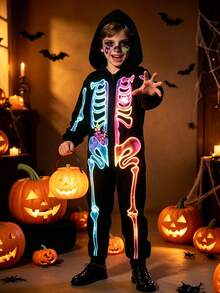 Girls Boys Scary Colorful Skeleton Skeleton Hooded Long Sleeve Costume Jumpsuit Halloween Cosplay Party Performance - Multicolor - View 2