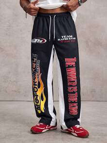 MAISONFOX Men's Black Racing Sports Pants With Motorcycle Flame Pattern And Slogan Print, Color Block Side Stripes Loose Fit Joggers, Y2K Streetwear Style - Black - View 8