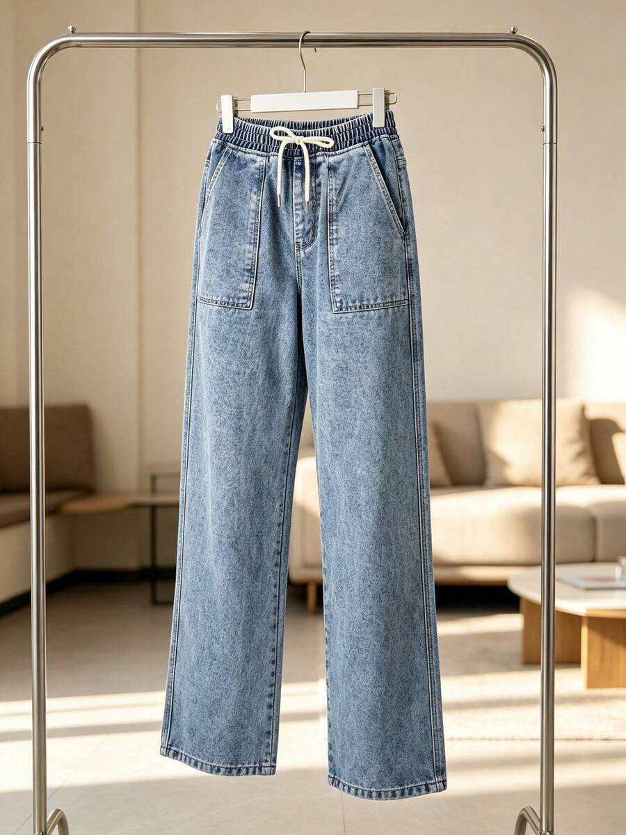 Pantalones vaqueros de corte amplio con cinturón elástico y cordón, bolsillos de trabajo amplios, tela suave lavada para disimular las piernas y favorecer la silueta casual diaria - Zhonglan - Ver 1