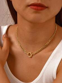 1pc Stainless Steel Waterproof Non-Fading Fashion Simple Spring Clasp Chain Necklace, Suitable For Women's Daily Wear - Cuban Chain - View 3