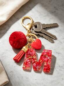 Cute Initial Red Heart Gold Foil Stone Tassel Pom Pom Keychain Resin Drip Glue Minimalist Personalized Key Chain For Women Bags Daily Wear And Gift - Red - View 7