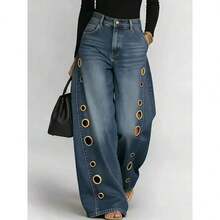 Pantalones vaqueros de color liso para mujer con detalles metálicos, corte holgado, estilo mom jeans - Azul vintage - Ver 2