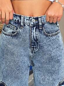 Tween Girls' Casual Loose Denim Long Pants, Straight Leg Cargo Pants With Flap Pockets And Contrast Stitching Details, Suitable For Spring/Summer Y2K Vintage Washed 2000s Denim Cargo Pants - Blue - View 4