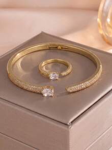 rakol 2pcs Fashion Minimalist Cubic Zirconia Pave Open Ring & Bracelet Set, 18K Gold Color, Suitable For Women's Daily, Commute And Business Wear - Style 3 - View 1