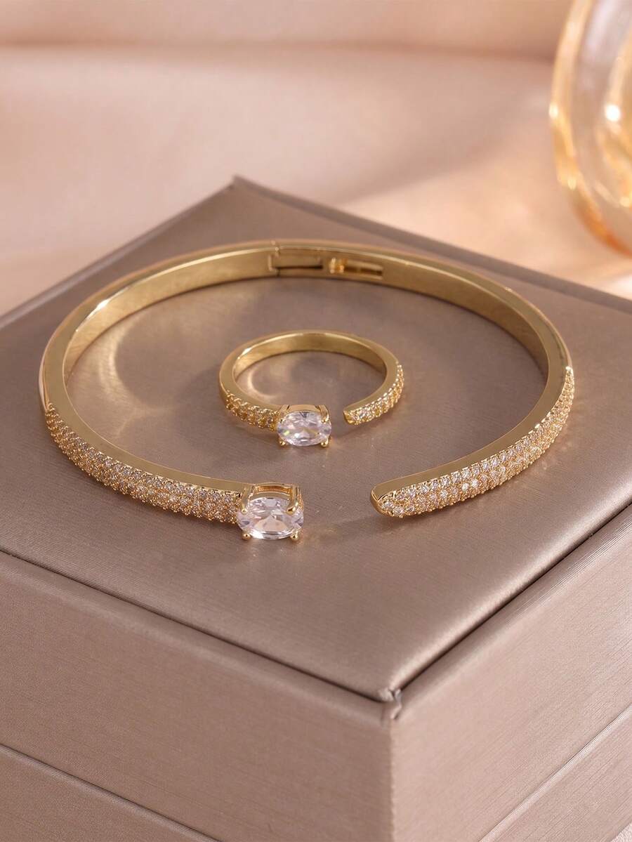 rakol 2pcs Fashion Minimalist Cubic Zirconia Pave Open Ring & Bracelet Set, 18K Gold Color, Suitable For Women's Daily, Commute And Business Wear - Style 3 - View 1