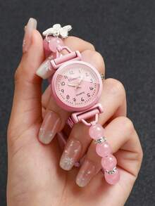 Women's Adjustable Cord Beaded Watch With Butterfly Pendant, Small Digital Dial, Versatile Niche Quartz Wristwatch, Gift For Girlfriend (1pc/Set) Watch Box Not Included - Pink - View 2