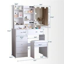 Teousev Dressing Table With LED Lights Mirror & Stool, Vanity Makeup Table With 5 Drawers, Open Storage Shelves, 3 Colour Adjustable Light, Lockable Drawers, White Cosmetic Desk For Bedroom - White - View 9