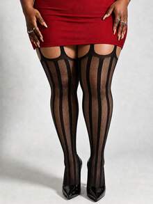 1 Pair Plus Size Friendly Vertical Striped Mesh Sexy Faux Thigh High Stocking Pants, Suitable For Nightclub Wear - Multicolor - View 1
