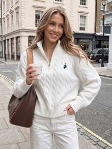 Women's Navy Blue Cable Knit Half-Zip Sweater, Embroidered Long Sleeve Cropped Knit Top, Autumn/Winter New Style, Suitable For Back To School Layering - White - View 1