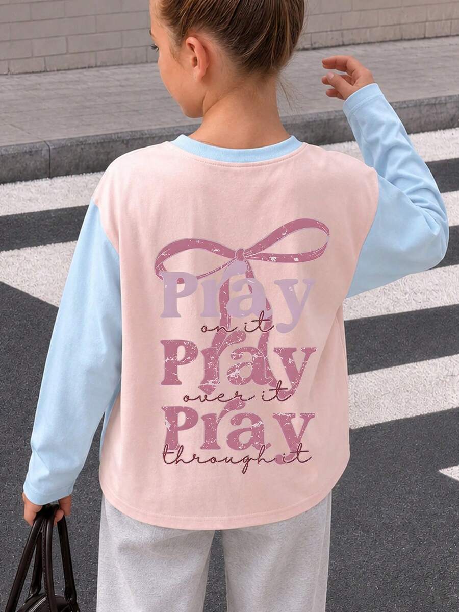 Tween Girl 1pc Printed Patchwork Contrast Color Long Sleeve T-Shirt, Suitable For Girls' Autumn/Winter Tops, Young Student Children's Wear, Suitable For Outerwear And Layering - Pink - View 1