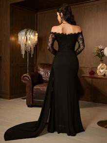 Elegant Black Long Sleeve Off-Shoulder Evening Gown With Contrast Lace And Slit Hem - Black - View 2