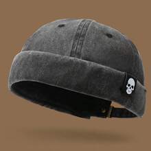 1pc Skull Logo Hat, Washed Distressed Brimless Skull Cap, Solid Color, Suitable For Parties And Outings, Unisex, All Season - A - View 2