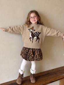 Sweater Lengan Panjang Motif Rusa Jacquard Kerah Bulat untuk Anak Perempuan Remaja - MultiWarna - View 5