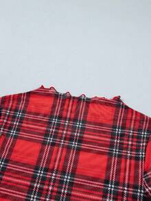 Acelitt Spring/Autumn Vintage Y2K Cropped Fitted Small Stand Collar Ruffle Hem Plaid Print Long Sleeve Sheer Mesh Top, Suitable For Party And Daily Wear - Red - View 8