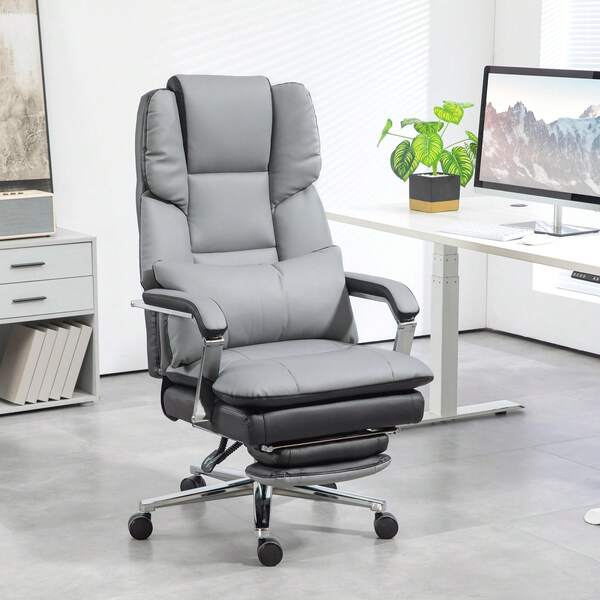 HOMCOM Office Chair With Recline And Rocking Function Up To 120 Kg Grey | Computer Chair, Armrest, Ergonomic Desk Chair, Footrest And Lumbar Cushion, Swivel Chair Faux Leather