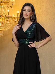 Gaun Pesta Wanita Model V-Neck Tanpa Punggung dengan Lengan Berkerut dan Hiasan Payet dari Bahan Chiffon - MultiWarna - View 3