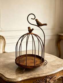 Vintage Distressed Metal Birdcage Candle Holder, European Style Hollow Iron Candle Tray With Bird Ornament, Decorative Table Centerpiece For Dining Table Entryway, Ideal Candlelight Dinner Home Decor Ornament - Regular Model - View 4